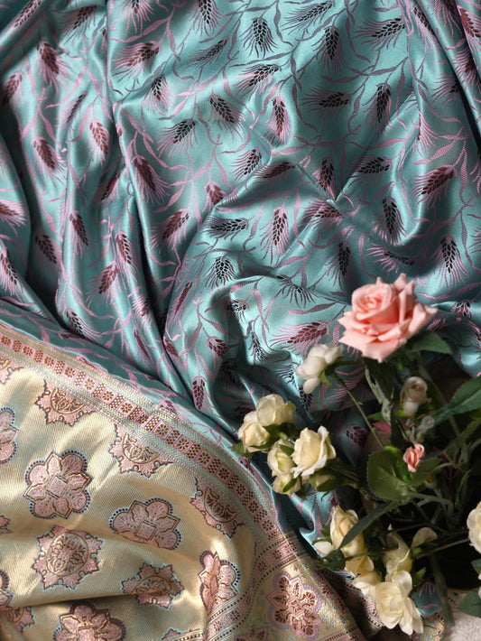 Teal Blue Magenta Woven Saree