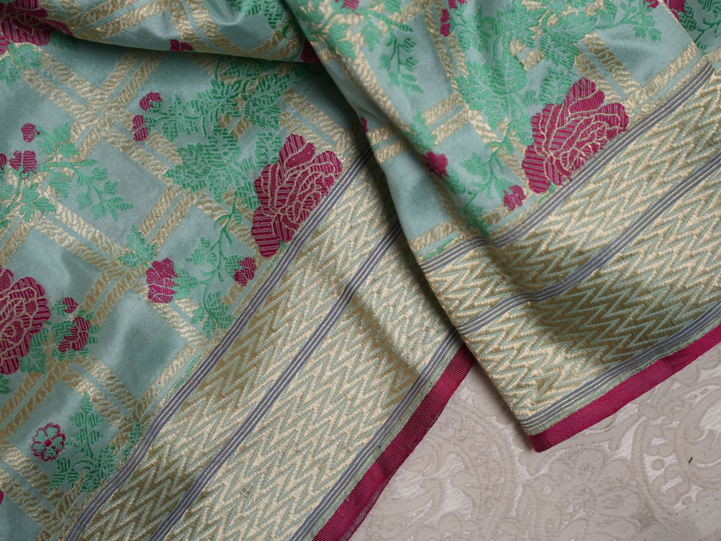 Aqua Blue Rose Motif Silk Saree