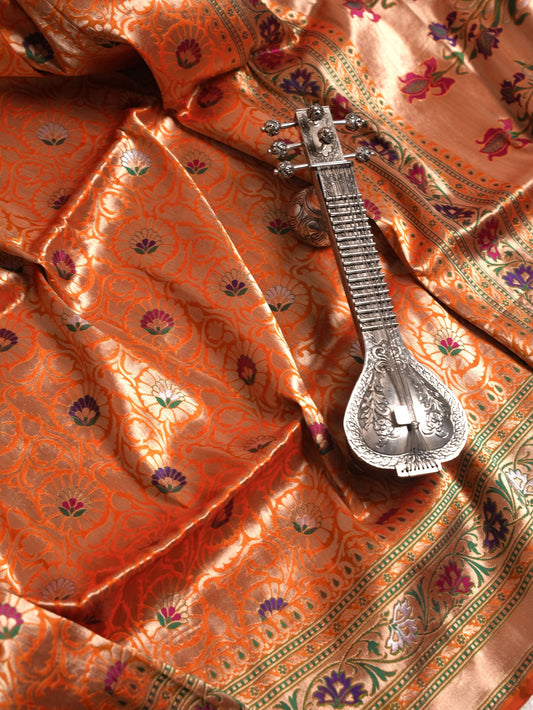 Burnt Orange Floral Banarasi Saree