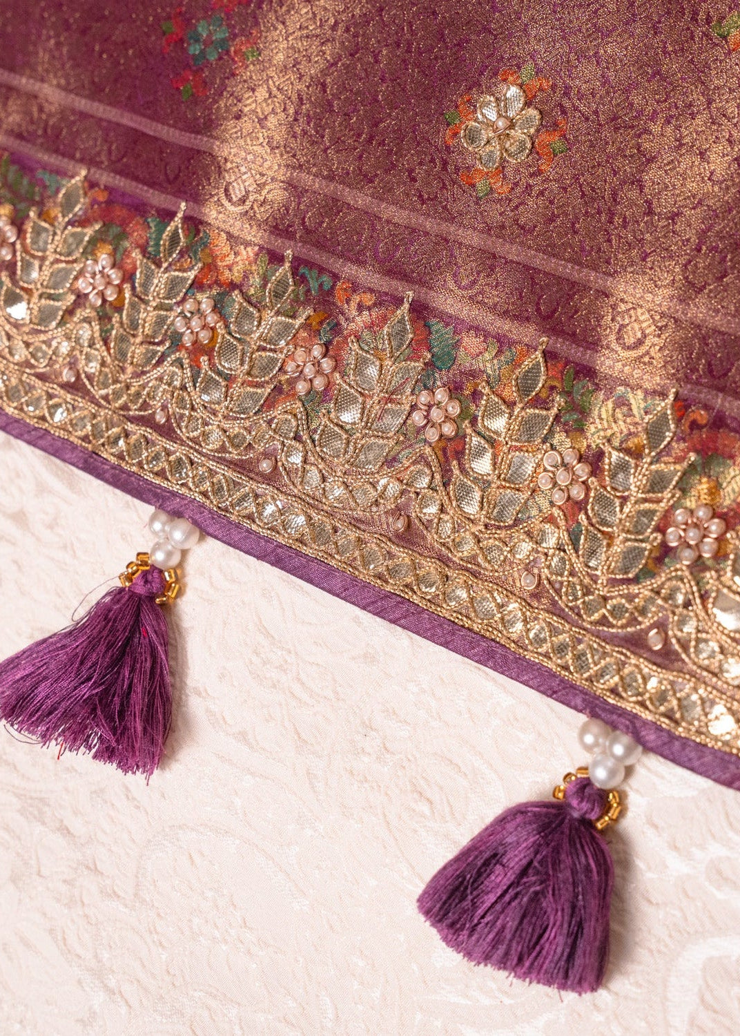 Lavender tanchoi silk saree with gota embroidery