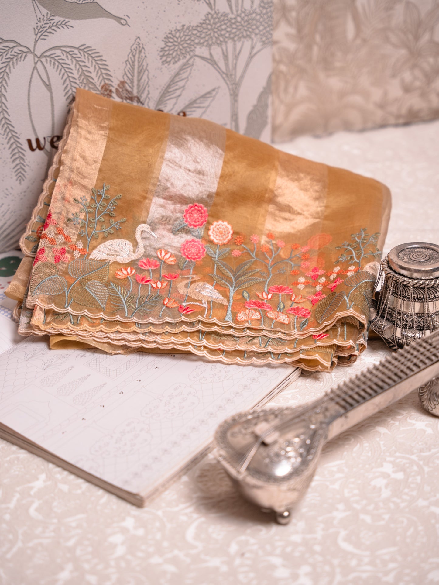 Sunlit Yellow Tissue Silk Saree with Embroidered Flamingo Border
