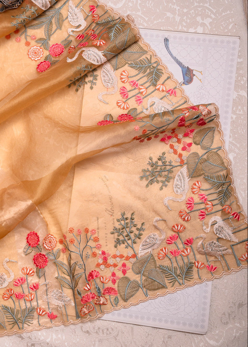 Sunlit Yellow Tissue Silk Saree with Embroidered Flamingo Border
