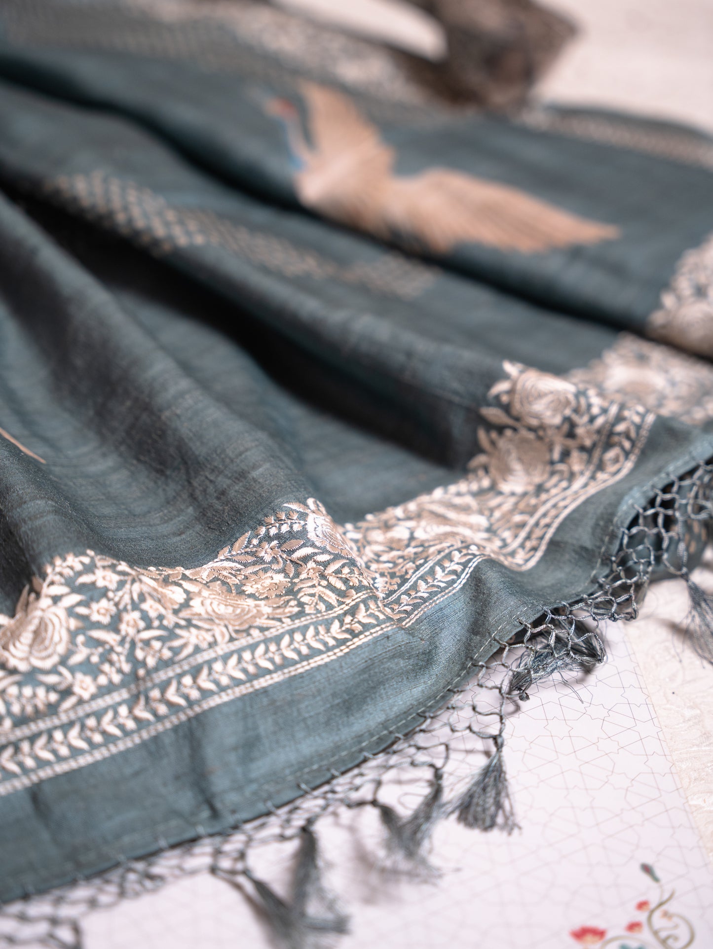 Teal Blue Tussar Silk Saree with Bandhani Weave & Gaara Embroidery