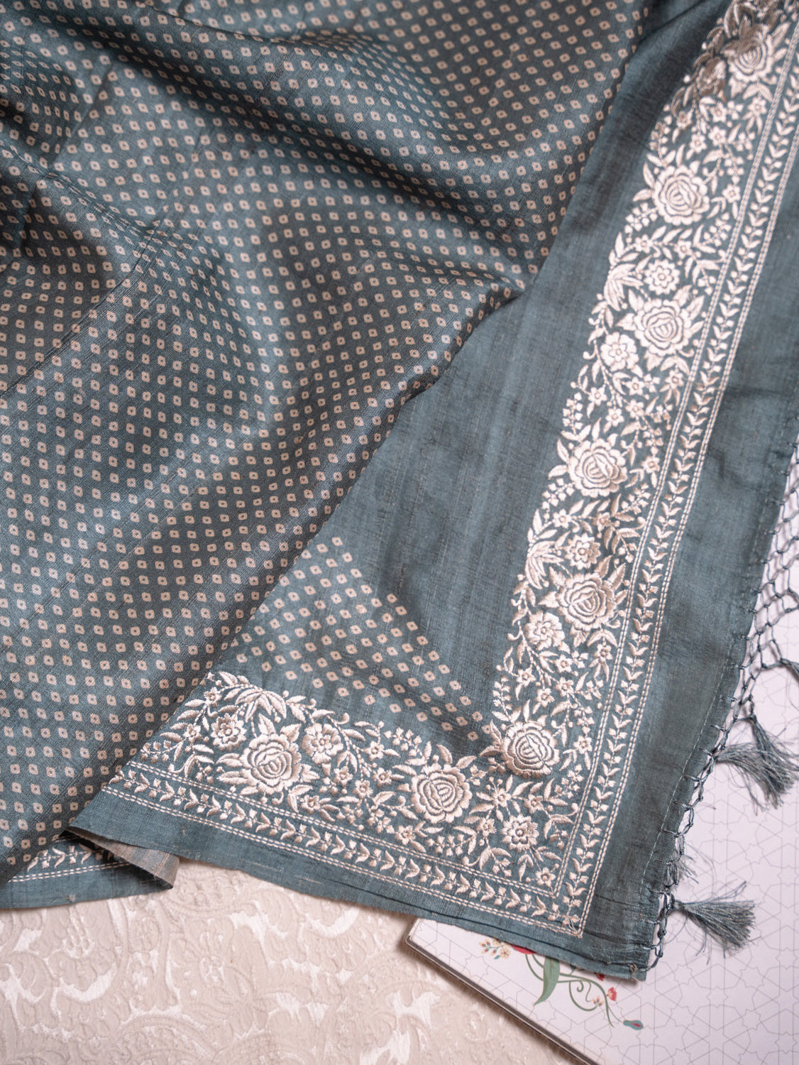 Teal Blue Tussar Silk Saree with Bandhani Weave & Gaara Embroidery