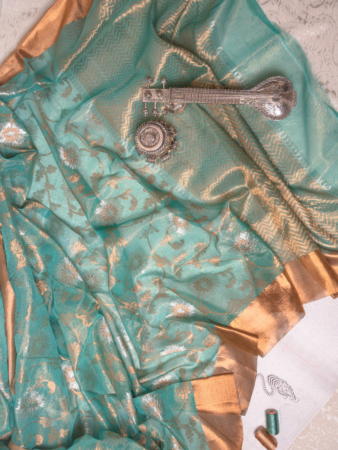 Seagreen Real Zari Tissue Kota Saree