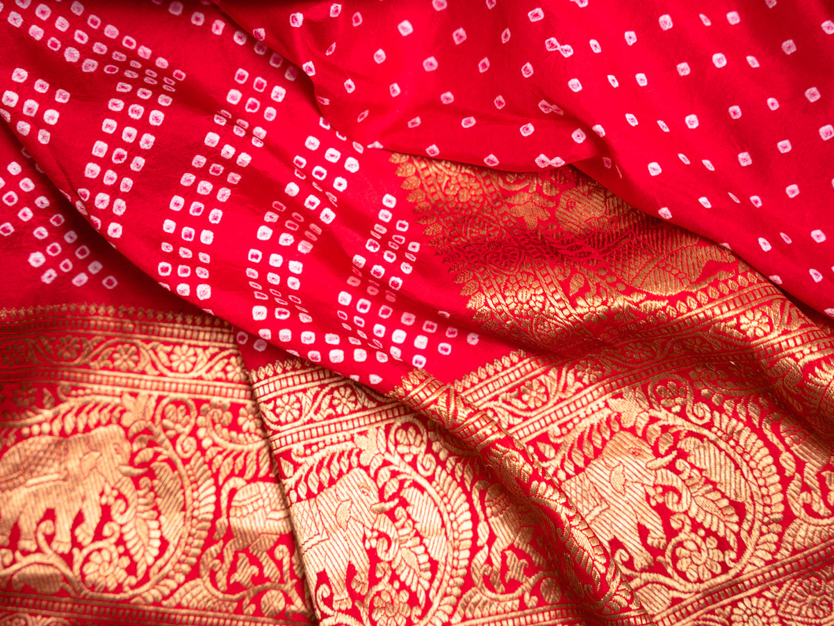 Red Silk Bandhani Saree with Kanjivaram Border