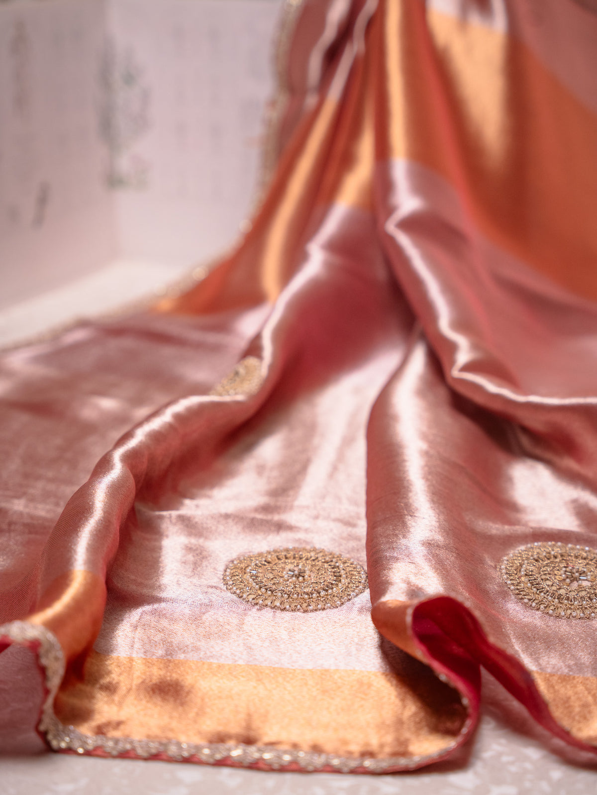 Onion Pink Tissue Saree with Heavy Gota Embroidery & Readymade Blouse