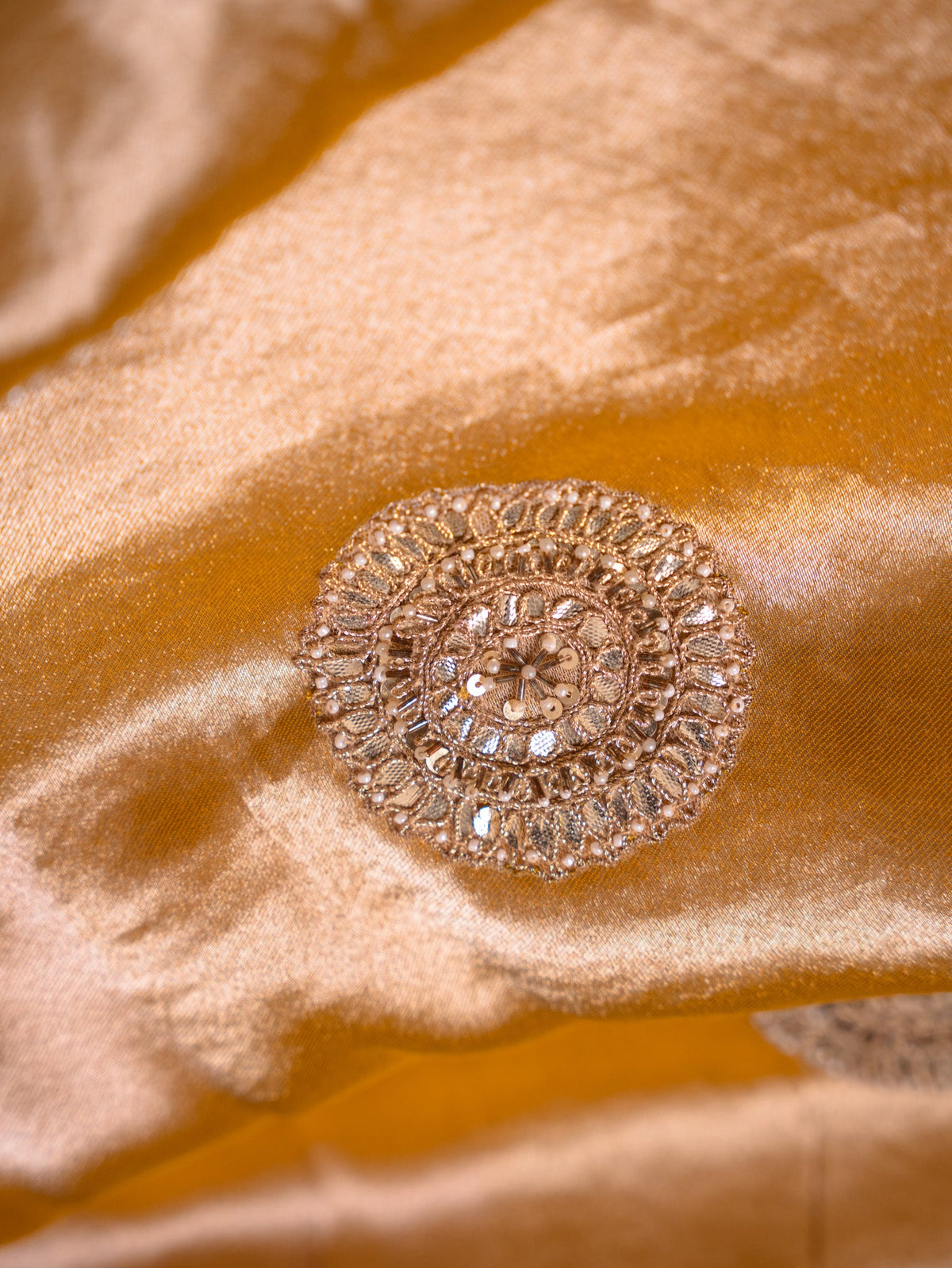 Mustard Silk Tissue saree with heavy gota embroidery