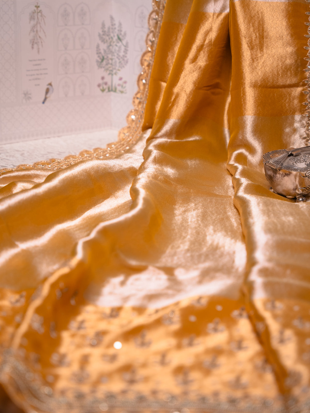 Honey Yellow Tissue Silk Saree with Gota Embroidery