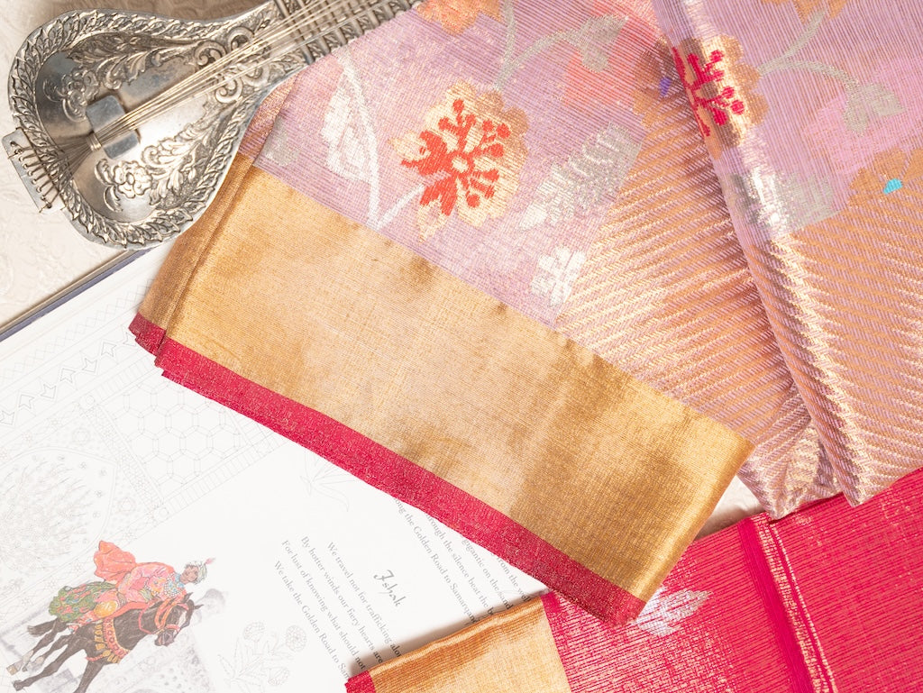 Onion Pink Tissue Kota Saree with Gold Zari Border