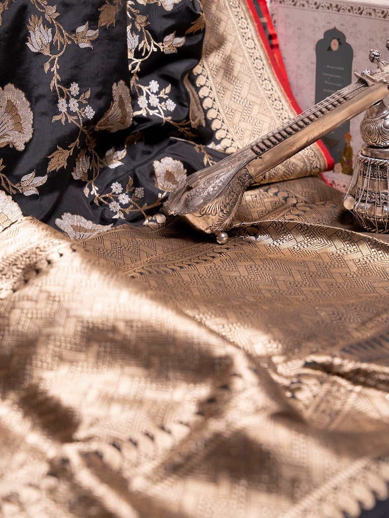 Black Banarasi Silk Saree with Gold Zari Pallu