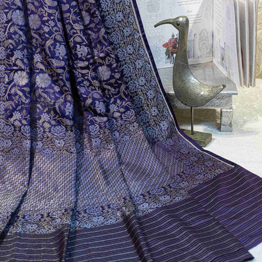 Dark Purple Banarasi Silk Jamdani Saree with Zari Florals and Birds