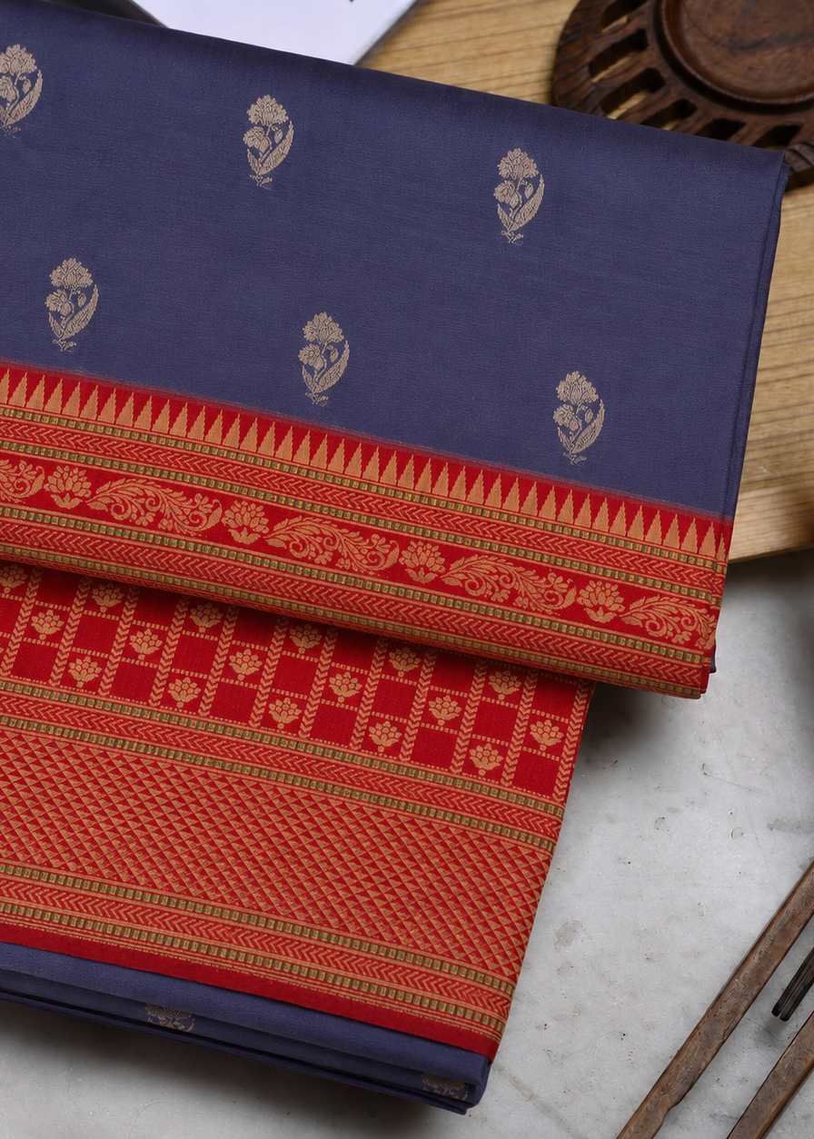 Denim Blue Banarasi Ektara Silk Saree with Jamdani Floral Booties