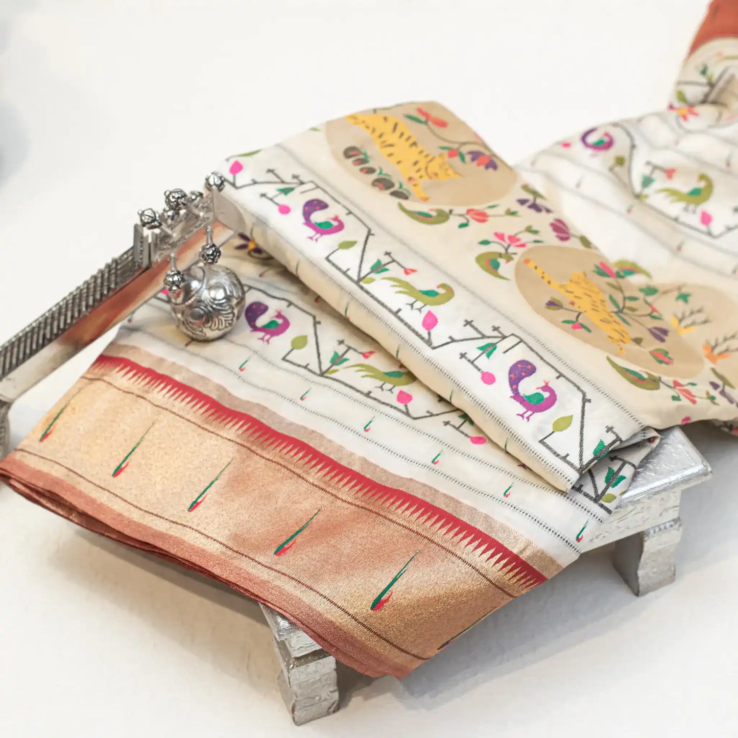 Ecru Silk Paithani Sari