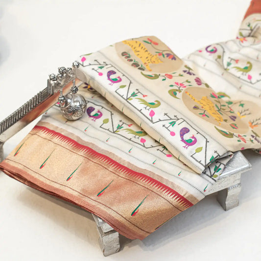 Ecru Silk Paithani Sari