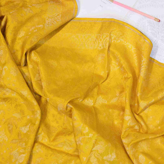 Canary Yellow Jamdani Ektaar Silk Saree with Floral Zari Jaali