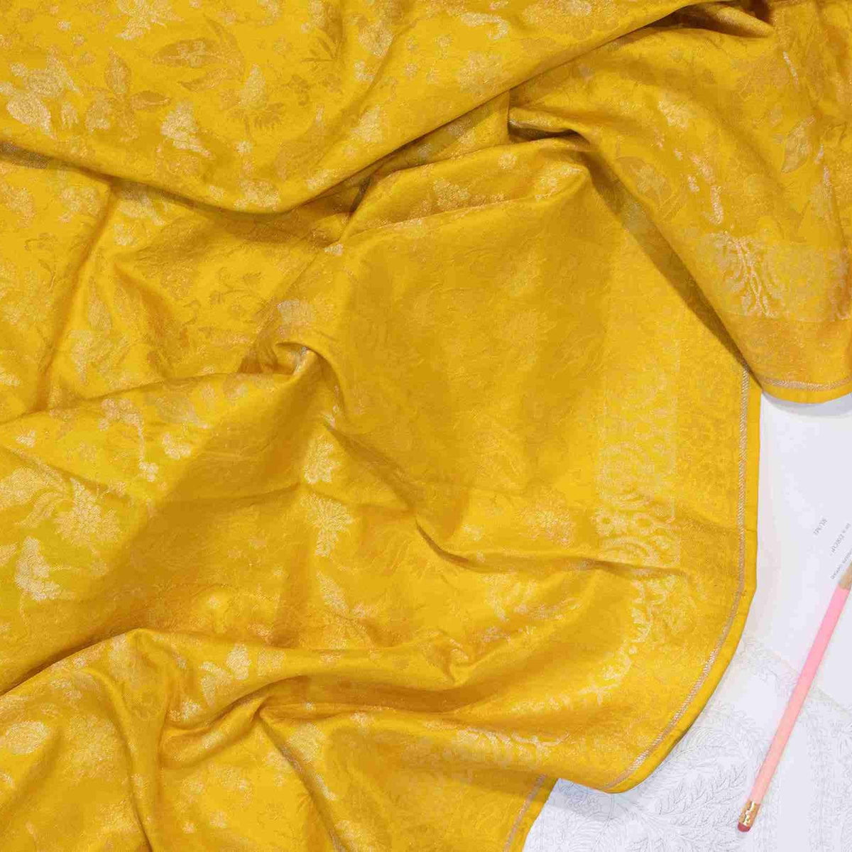 Canary Yellow Jamdani Ektaar Silk Saree with Floral Zari Jaali