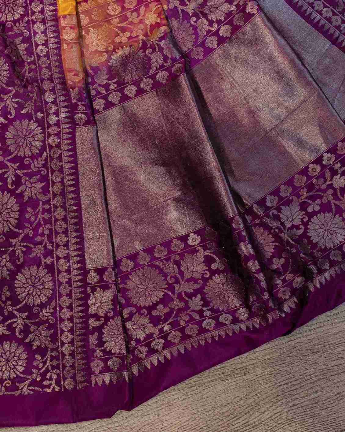 Canary Yellow Silk Jamdani Saree with Purple Floral Border