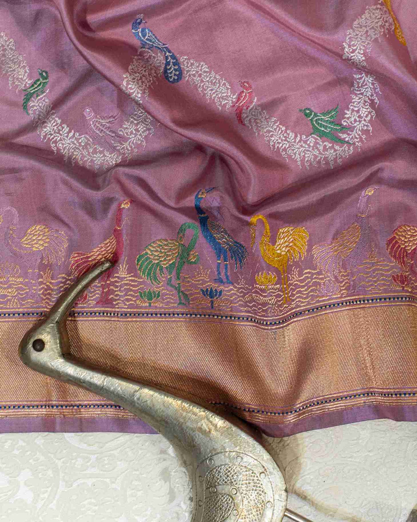 Handwoven Mulberry Banarasi Silk Saree with Minakari Bird Motifs