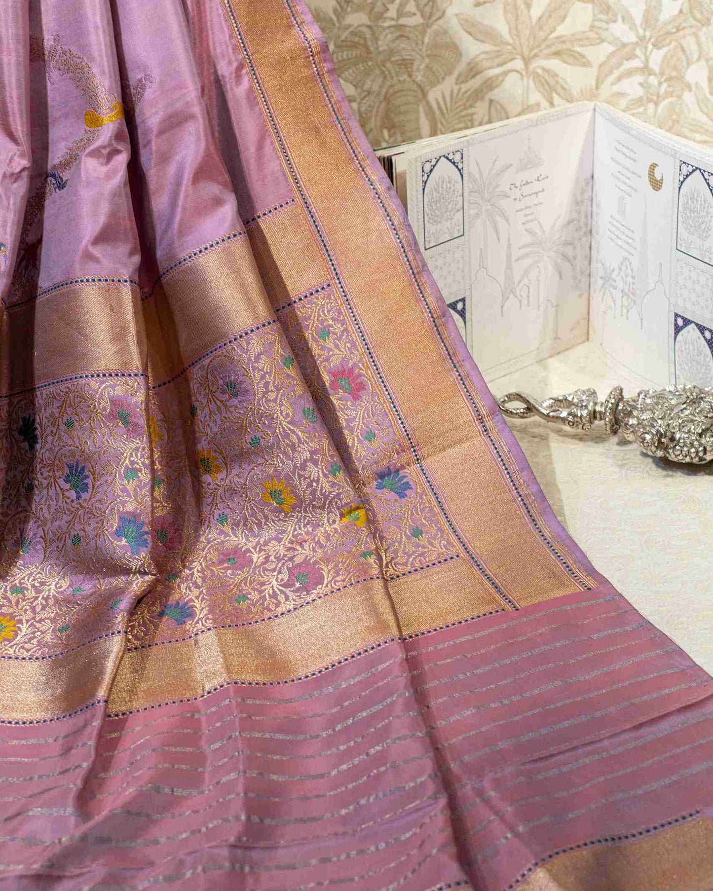 Handwoven Mulberry Banarasi Silk Saree with Minakari Bird Motifs