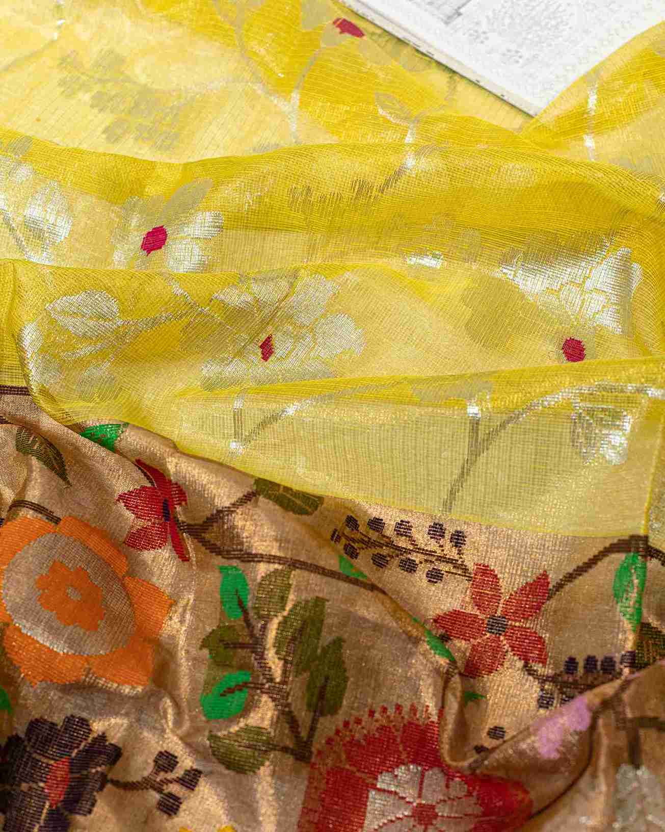 Canary Yellow Kota Saree with Silver Zari Border
