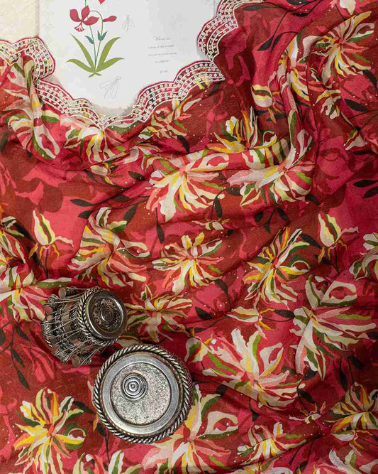 Scarlet Red Chiffon Saree with Hand-Embroidered Sequin Scallops