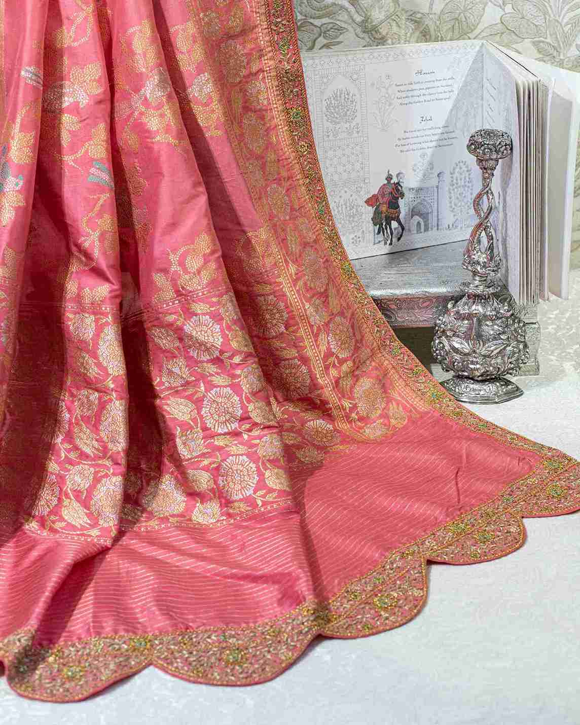 Flamingo Pink Banarasi Silk Kadwa Jaal Saree