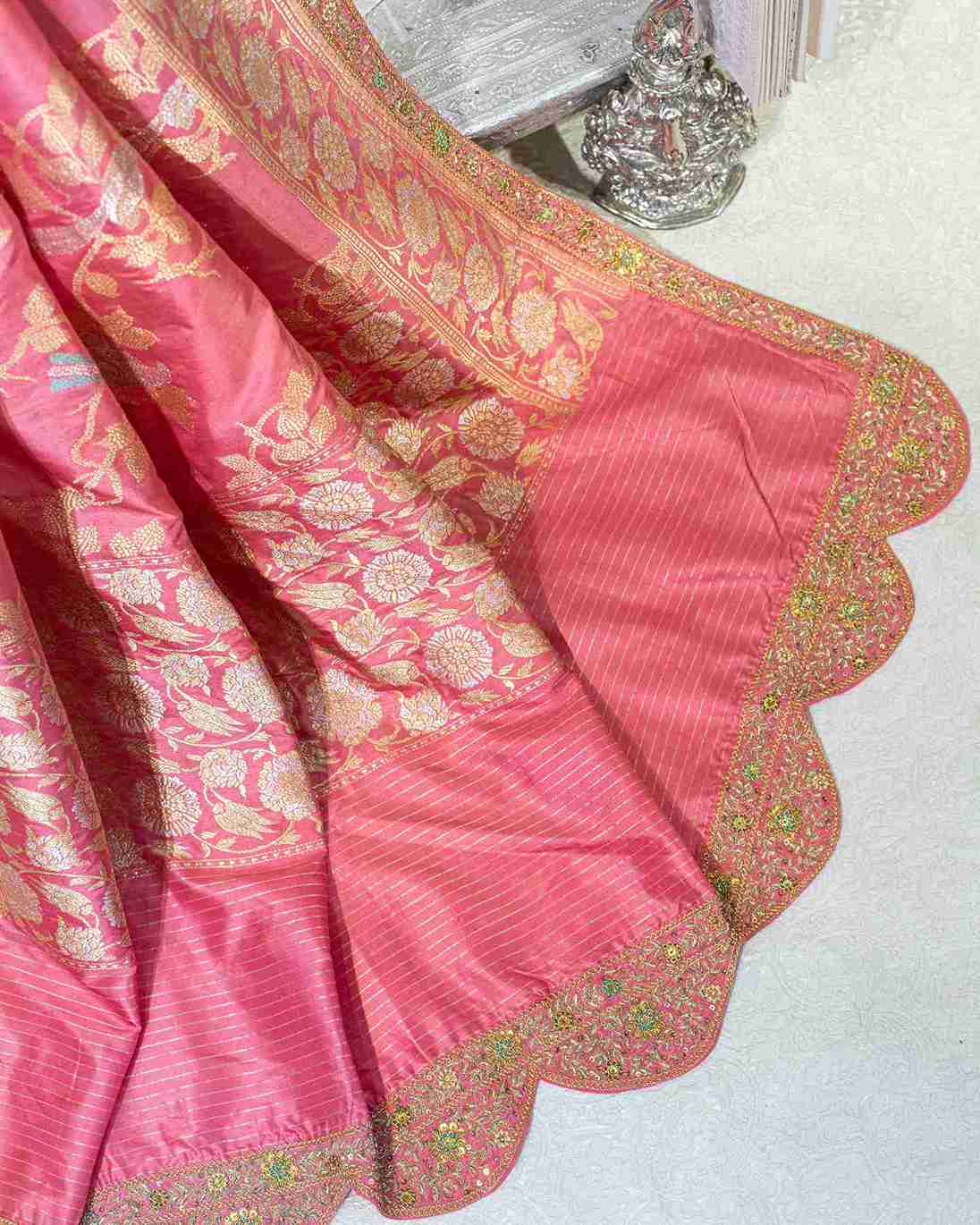 Flamingo Pink Banarasi Silk Kadwa Jaal Saree