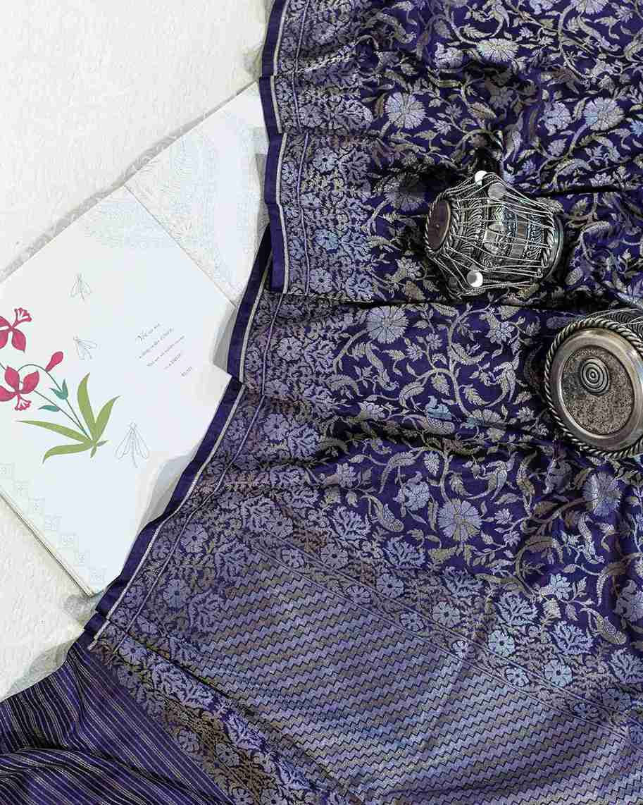 Dark Purple Banarasi Silk Jamdani Saree with Zari Florals and Birds