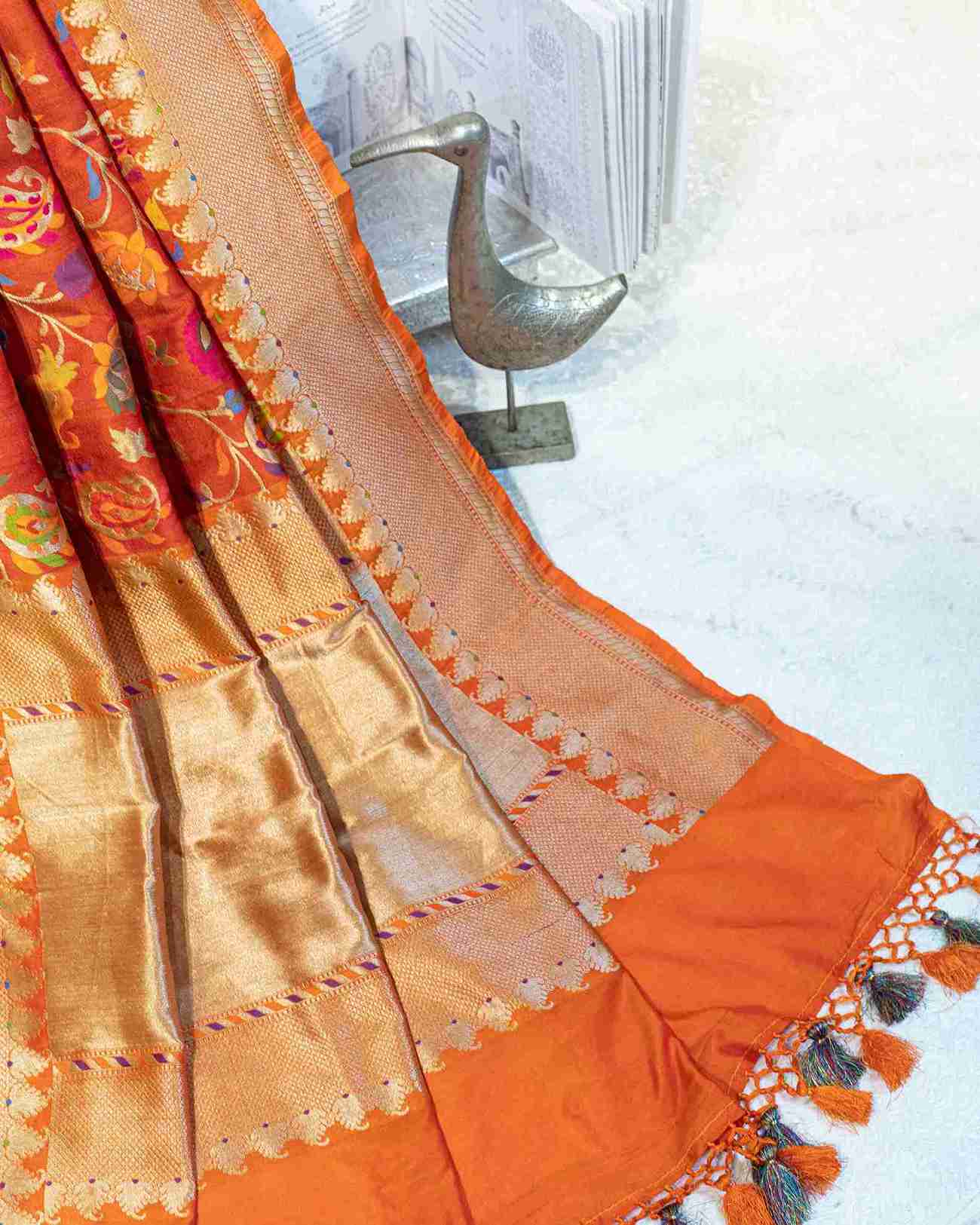 Brick Red Banarasi Tussar Silk Saree with Multicolored Meenakari Work