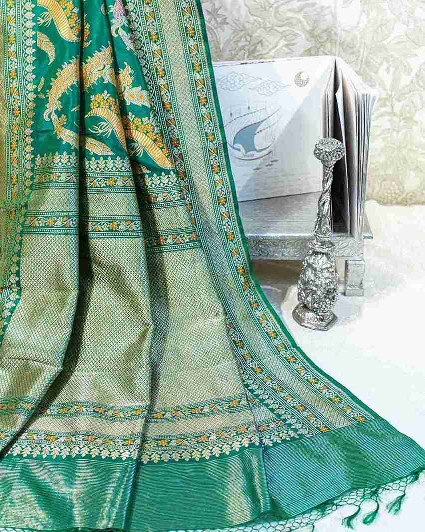 Handwoven Green Banarasi Pure Silk Saree with Meenakari Floral Jaal