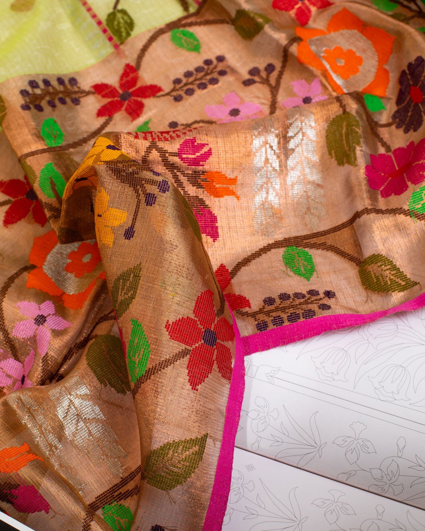 Lime Green Kota Saree with Gold Border Paithani
