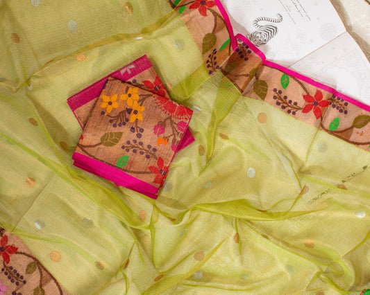 Lime Green Kota Saree with Gold Border Paithani
