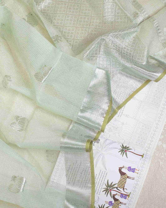 Gin Green Kota Saree with Silver Zari Buttas
