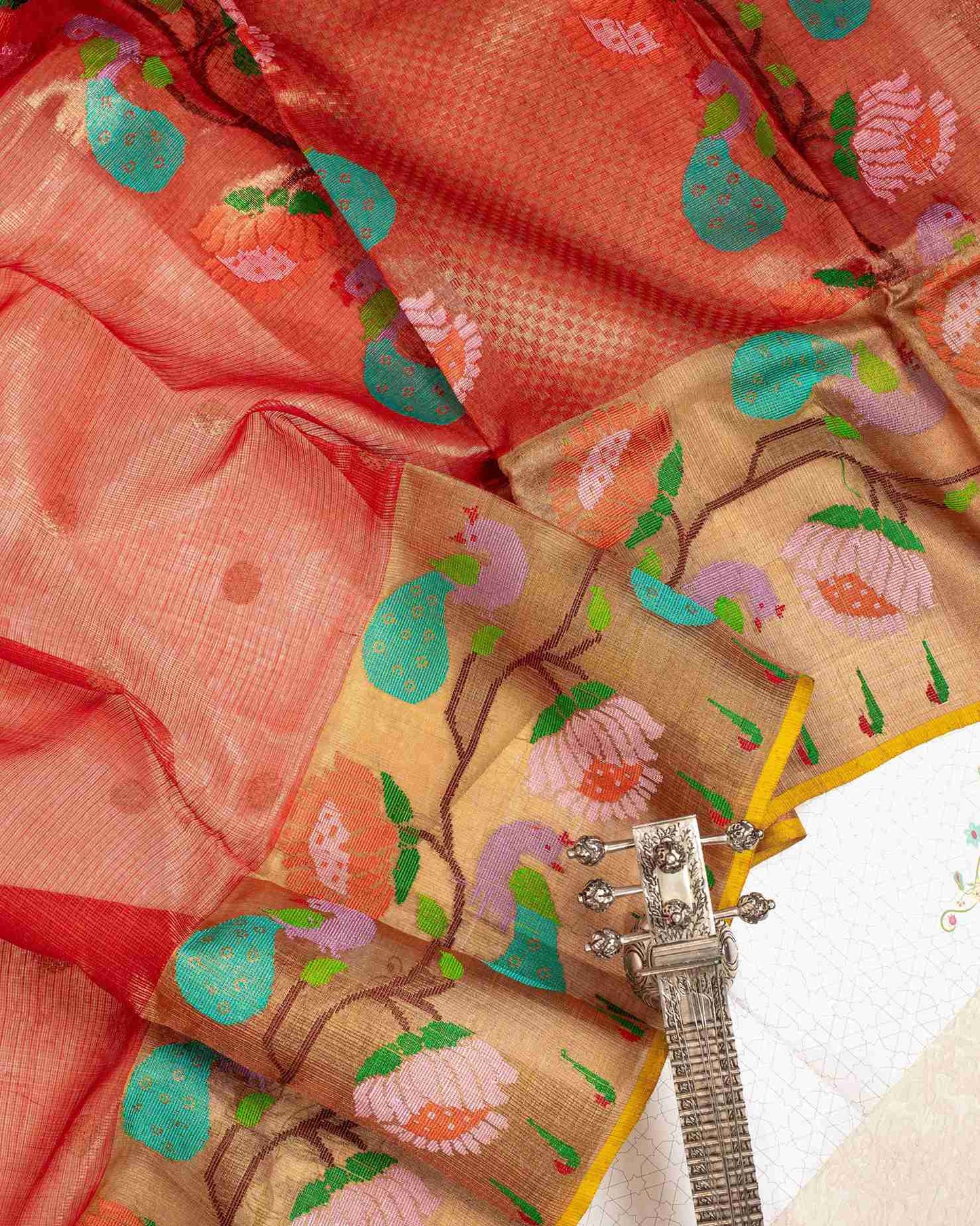 Paithani Inspired Scarlet Red Golden Tissue Kota Saree