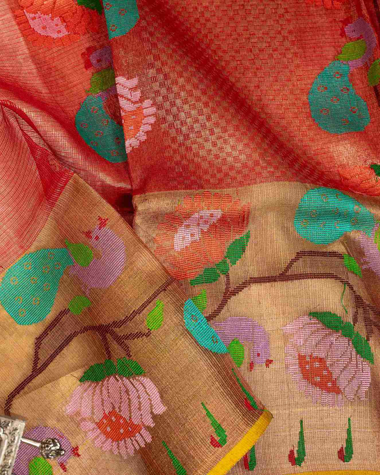 Paithani Inspired Scarlet Red Golden Tissue Kota Saree