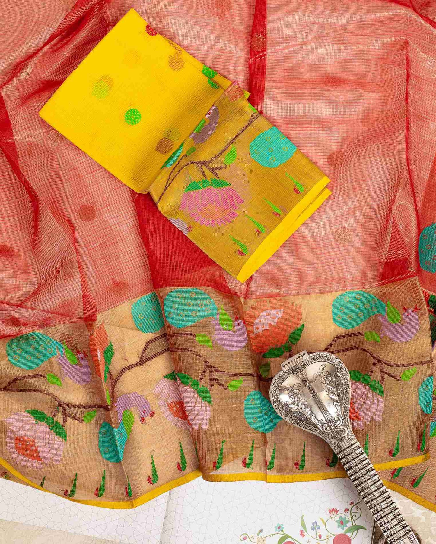 Paithani Inspired Scarlet Red Golden Tissue Kota Saree