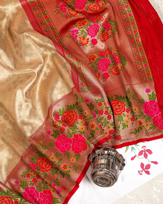 Beige and Pink Paithani Border Banarasi Sari