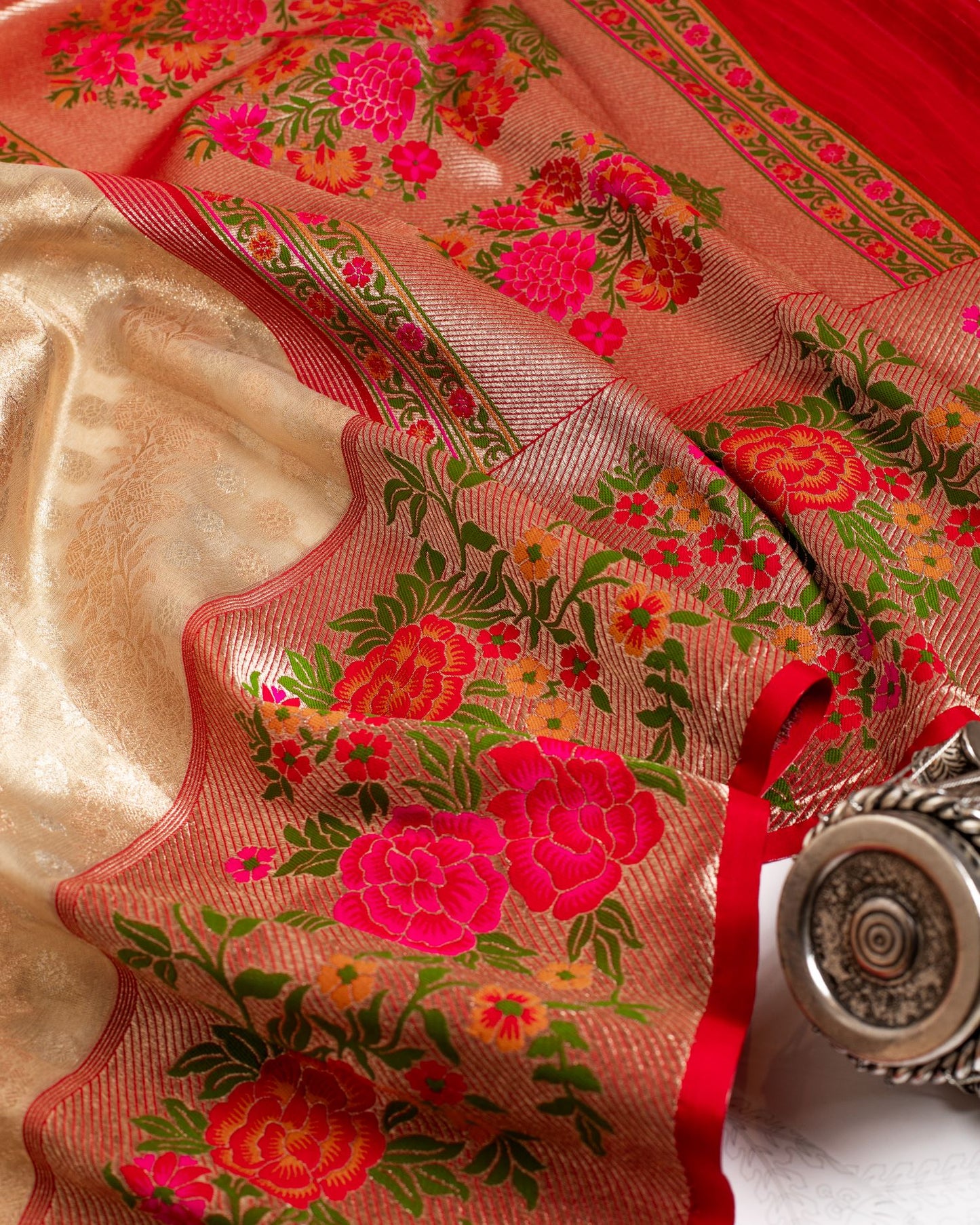 Beige and Pink Paithani Border Banarasi Sari
