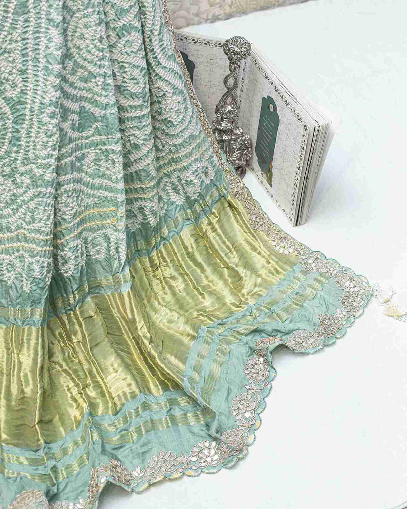 Mint Green Bandhini Saree with Hand Embroidered Gota Border