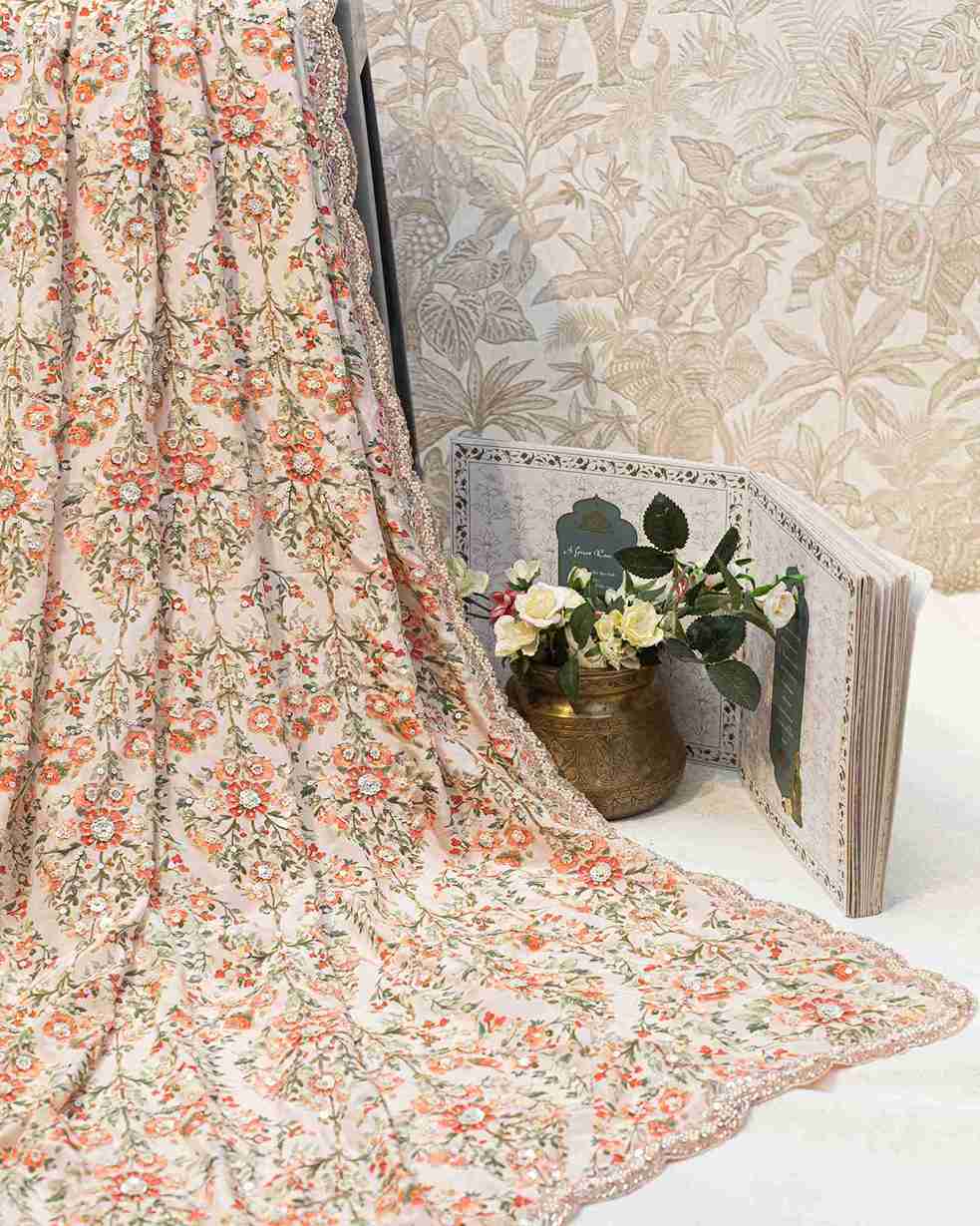 Light Pink Hand Embroidered Crepe Printed Sari