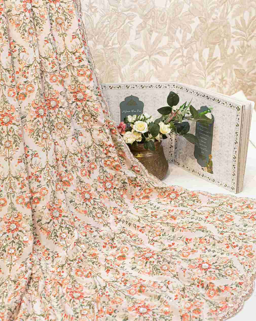 Light Pink Hand Embroidered Crepe Printed Sari