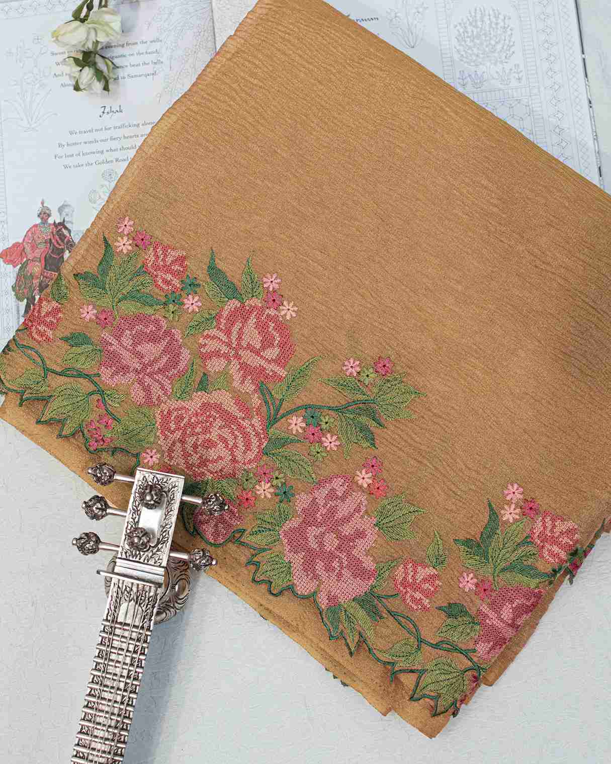 Gold Crush Tissue Sari with Floral Border
