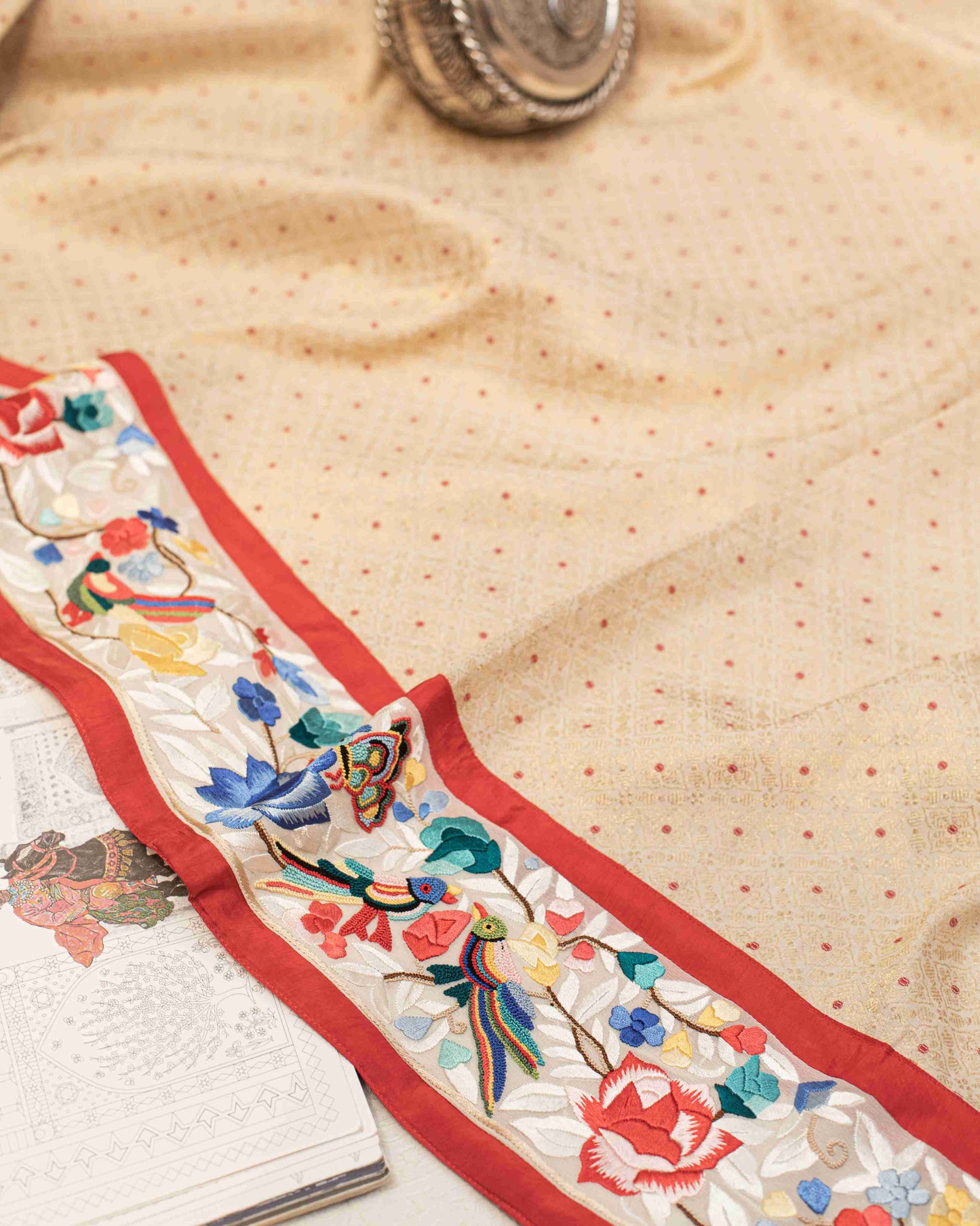 Handwoven Paani Gold Banarasi with a Hand Embroidered Parsi Garra Border