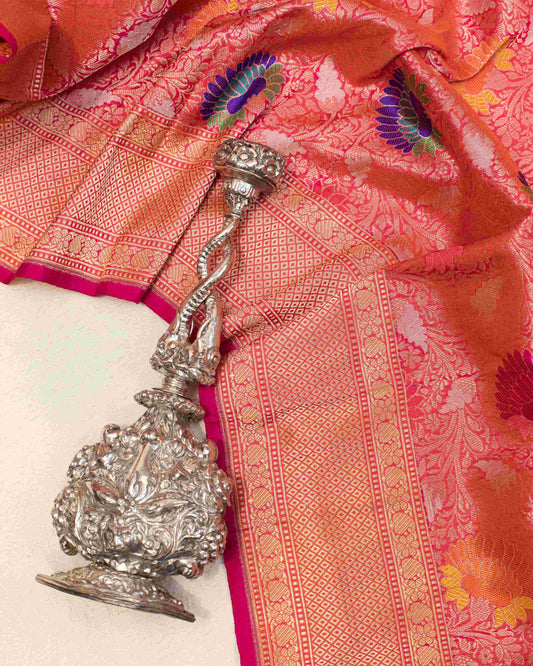 Coral Pink Handwoven Banarasi Tissue Sari
