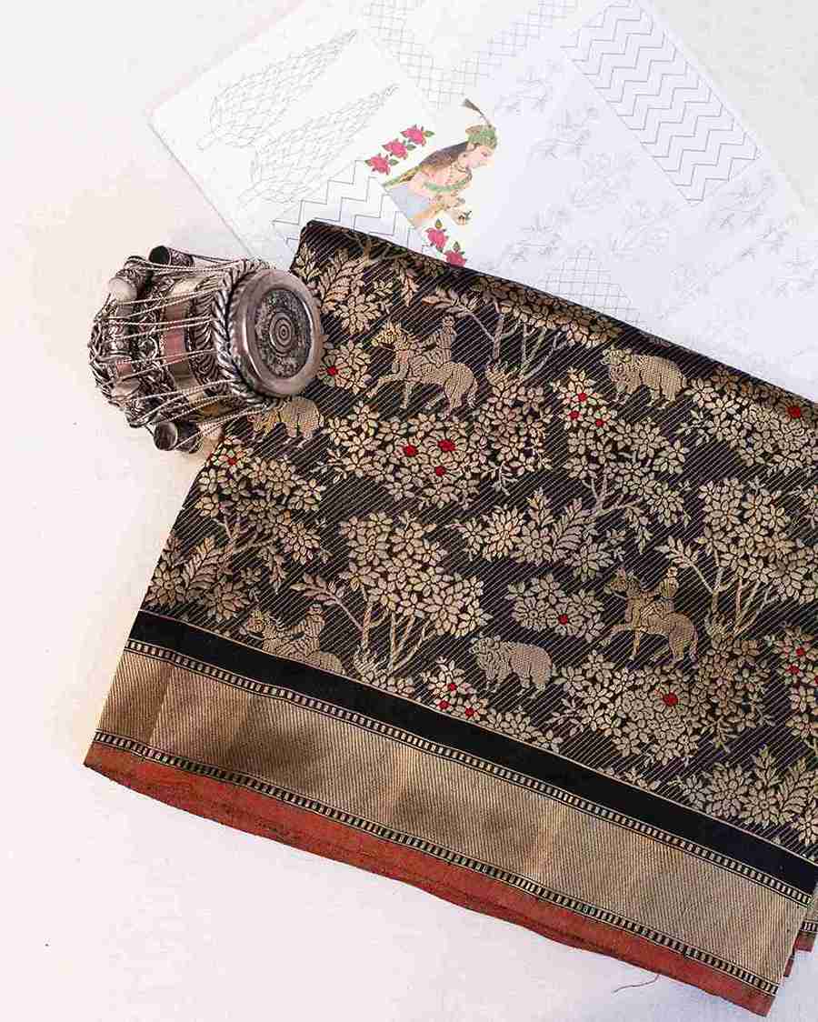 Black Banarasi Silk Shikaargah Saree Showcasing Flora and Fauna