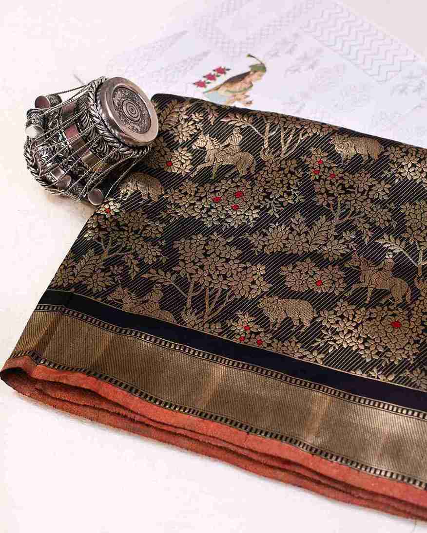 Black Banarasi Silk Shikaargah Saree Showcasing Flora and Fauna