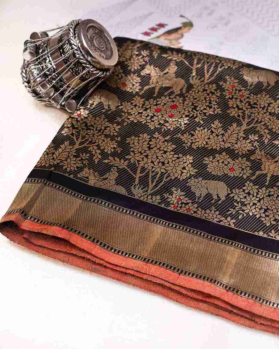 Black Banarasi Silk Shikaargah Saree Showcasing Flora and Fauna