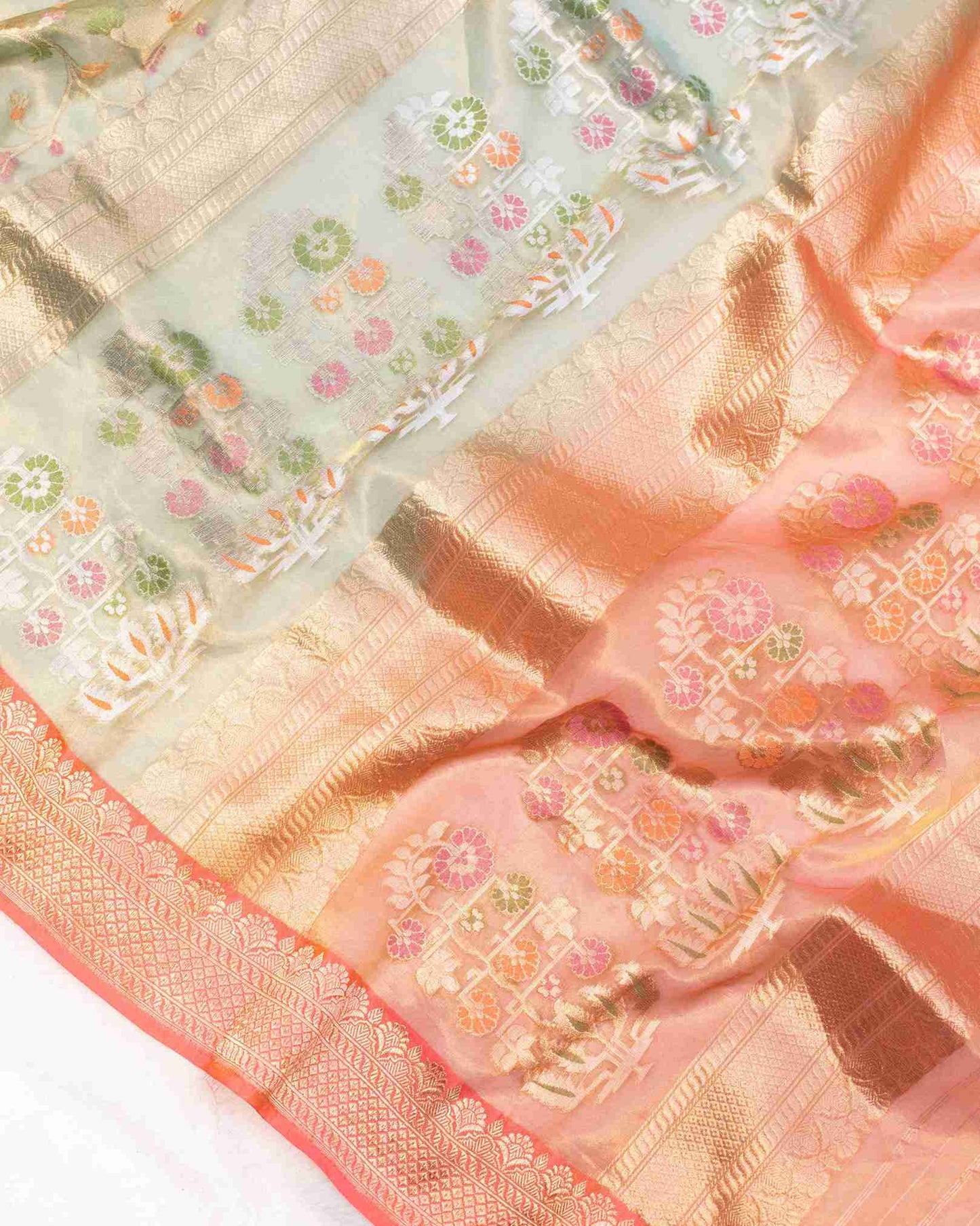 Sea Green Handwoven Banarasi Tissue Kora Saree with Pastel Jamdani Floral Jaal