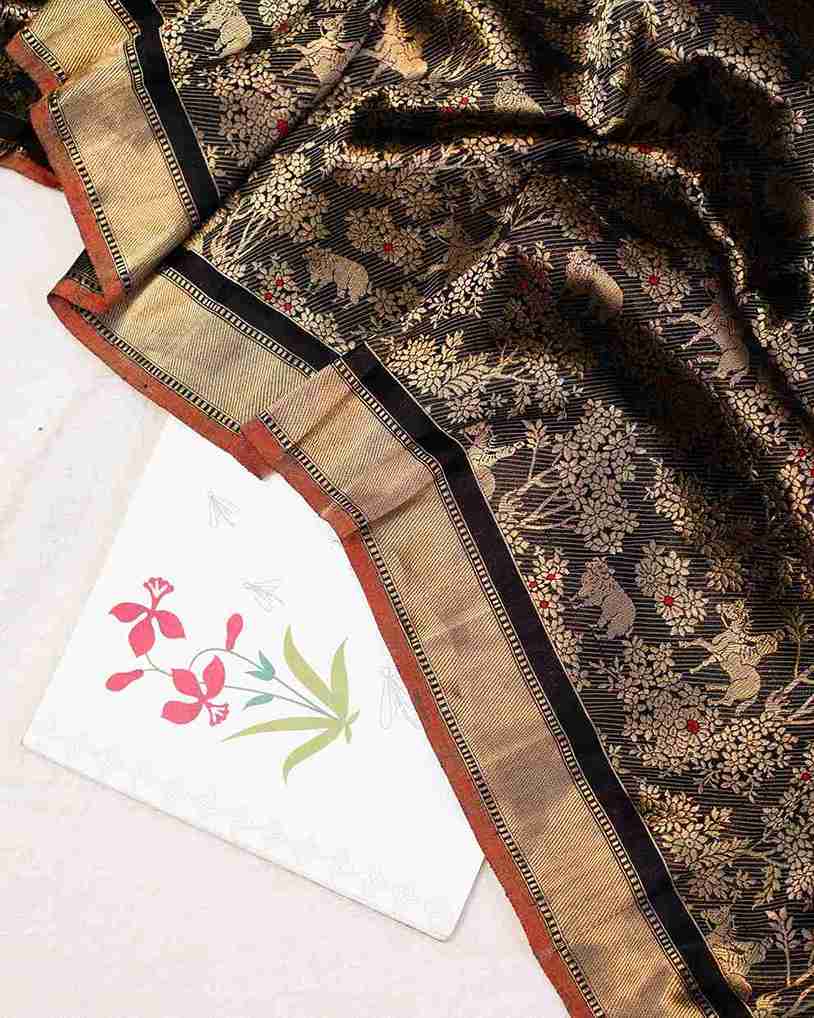Black Banarasi Silk Shikaargah Saree Showcasing Flora and Fauna